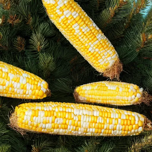 Image similar to cobs of corn, gorwing on a pine tree