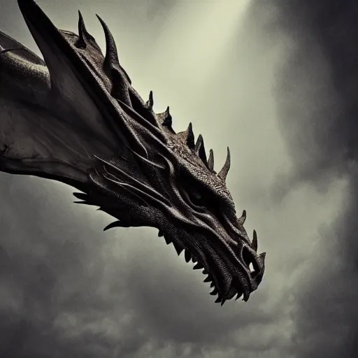 Prompt: a dragon head, looking downwards, in profile. moody, cinematic lighting. photo realistic