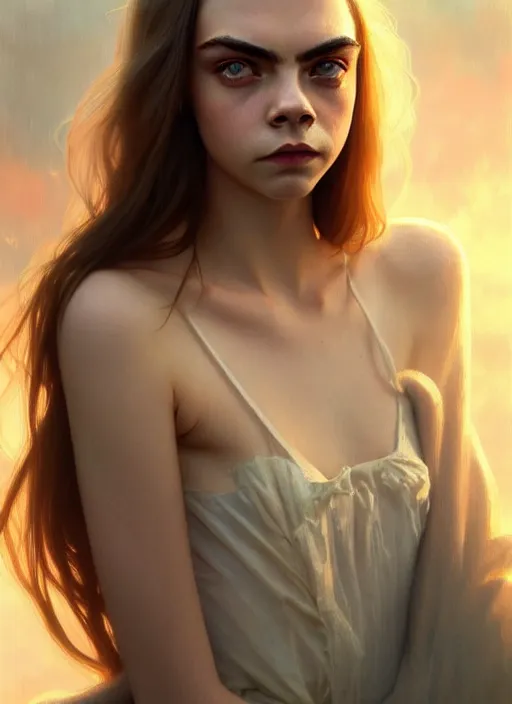 Prompt: half cara delevingne half Anya Taylor-Joy a pure gorgeous seductive angel, full body portrait, slight smile, diffuse natural sun lights, autumn lights, highly detailed, digital painting, artstation, concept art, sharp focus, illustration, art by wlop and greg rutkowski and alphonse mucha and artgerm