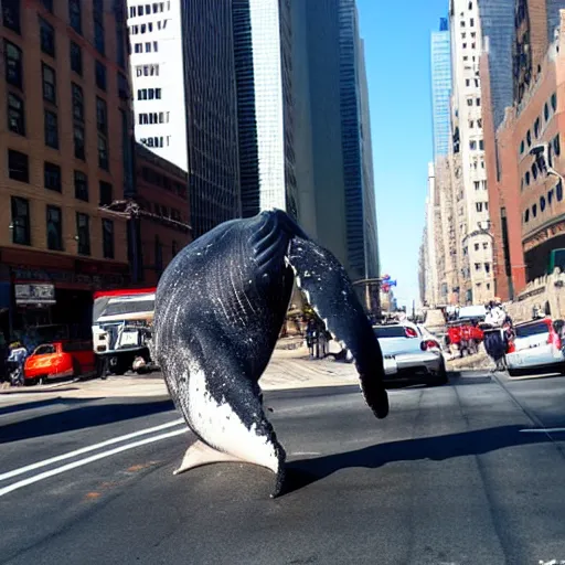 Prompt: A whale in the middle of the streets of new york