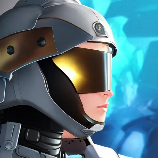 Image similar to a futuristic soldier captain with a metal visor and a blue shoulderpad in anime style