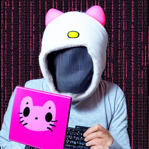 Prompt: Stock photo of a human burglar wearing a ski mask hacking into a pink Hello Kitty computer, funny, bizzare