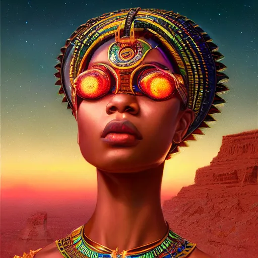 Image similar to highly detailed portrait of an african neon egyptian goddess, intricate alien technology, stephen bliss, unreal engine, fantasy art by greg rutkowski, loish, rhads, ferdinand knab, makoto shinkai and lois van baarle, ilya kuvshinov, rossdraws, tom bagshaw, global illumination, radiant light, detailed and intricate environment