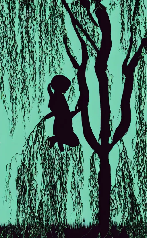 Image similar to silhouette of little girl sitting on a weeping willow tree, book cover