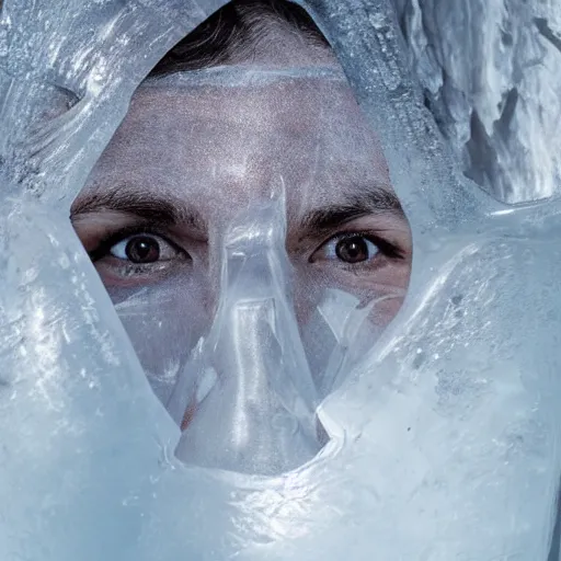 Prompt: see through clear sheet of ice sheet of ice in front of face face face behind ice face behind ice