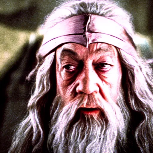 Image similar to portrait of gandalf with a pink bowtie on his head, holding a blank playing card up to the camera, movie still from the lord of the rings