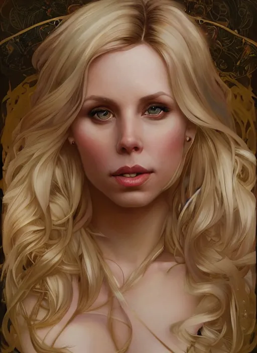 Prompt: beautiful portrait of blonde gianna michaels combined with kristenbell, by magali villeneuve and greg rutkowski and artgerm and alphonse mucha, intricate, elegant, highly detailed, photorealistic, trending on artstation, trending on cgsociety, 8 k, sharp focus