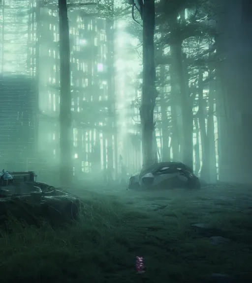 Image similar to daydreaming of the maiden in the cyberpunk forest by maciej kuciara, octane render, fog, volumetric lighting, hyperealistic, epic, masterpiece, majestic