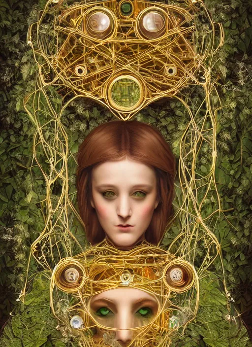 Image similar to symmetrical renaissance painting of android woman covered by plants and crystalsin the mystical forest, beautiful symmetrical face, wires and cords, golden steampunk, retro futurism, sci - fi, filigree jewellery, baroque, cinematic light, mystical shadows, 8 k