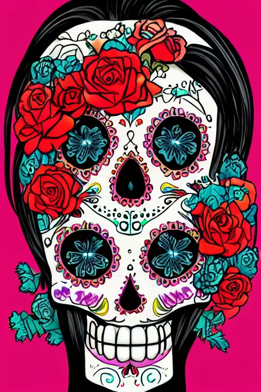 Image similar to illustration of a sugar skull day of the dead girl, art by lixin yin