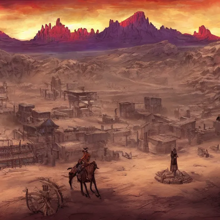 Image similar to old west style city in the middle of a vast sandy flat desert with a single mountain on the very distant horizon. magic the gathering art, digital media