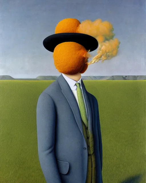 Prompt: painting of a man with a kiwifruit covering his face, wearing a bowler hat and overcoat and necktie, standing in front of a barren wasteland of smoke and fire, oil on canvas, style of Rene Magritte, by René Magritte