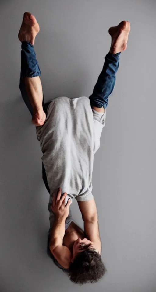 Image similar to a man hanging by his feet upside down peacefully,