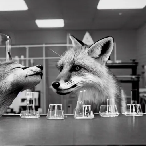 Image similar to fox animals conducting experiments in a chemistry lab, award winning photograph