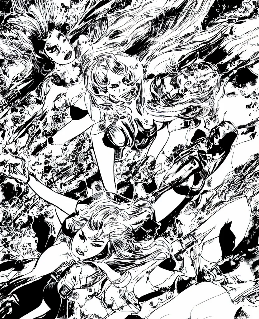 Image similar to comic page, one panel, kylie minogue as barbarella, piloting her starship. retro control panel. drawn by pablo marcos. b & w. black and white.