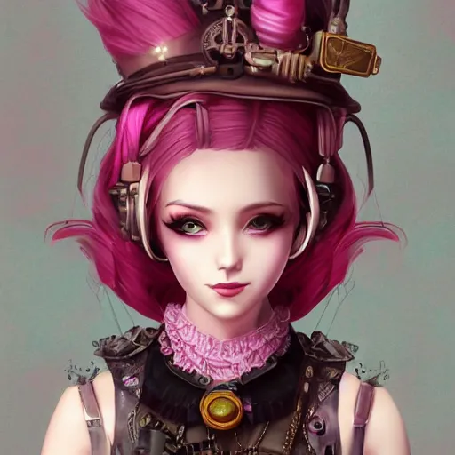 Prompt: a pink hair girl dressed with inspirations from steampunk style, high detailed, digital art, trending on artstation, devianart, cgsociety