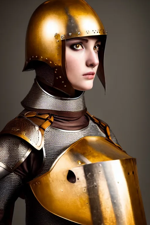 Image similar to female medieval knight, brown hair, designed by gucci, gold and luxury materials, symmetrical, cinematic, elegant, professional studio light, real dlsr photography, sharp focus, 4 k, ultra hd, sense of awe, high medieval fashion