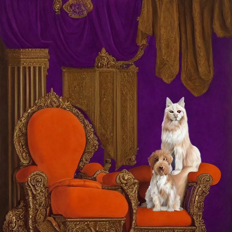 Prompt: a portrait of an empty royal throne, flanked by an orange tabby sitting on a floating purple pillow to the left of the throne, flanked by a brown goldendoodle sitting on a floating purple pillow to the right of the throne, oil on canvas, soft lighting, 8 k