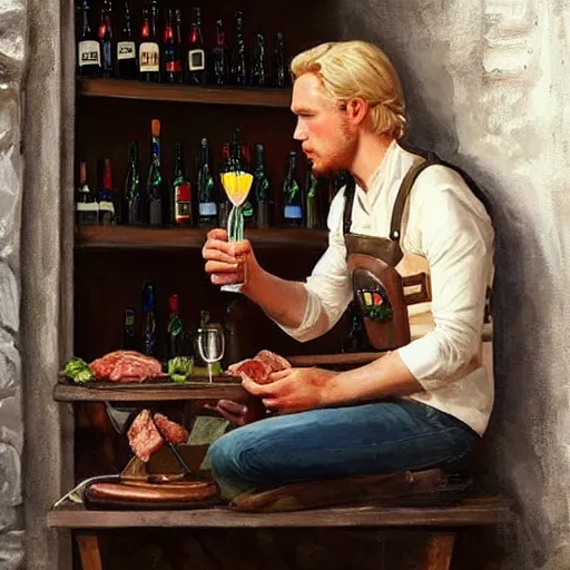 Image similar to (((Boba Fett))) and a beautiful young blonde drinking beer in a wine cellar, food, meat, schnapps, torches on the wall, romantic, inviting, cozy, painting by Vladimir Volegov