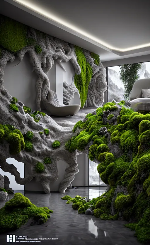 Image similar to highly detailed ultra sharp 3 d render villa interior cinematic composition of a smooth ceramic porcelain biomorphic magnolia stone nebula fluid fractal sci - fi surreal architecture landscape, granite, metallic, magnesium, marble, moss and lichen, vincent callebaut composition, mamou - mani, archviz, beautiful lighting, 8 k, unreal engine, hdr,