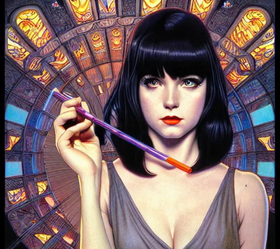 Prompt: ' pulp fiction ', beautiful shadowing, 3 d shadowing, reflective surfaces, illustrated completely, 8 k beautifully detailed pencil illustration, extremely hyper - detailed pencil illustration, intricate, epic composition, masterpiece, bold complimentary colors. stunning masterfully illustrated by artgerm, range murata, alphonse mucha.