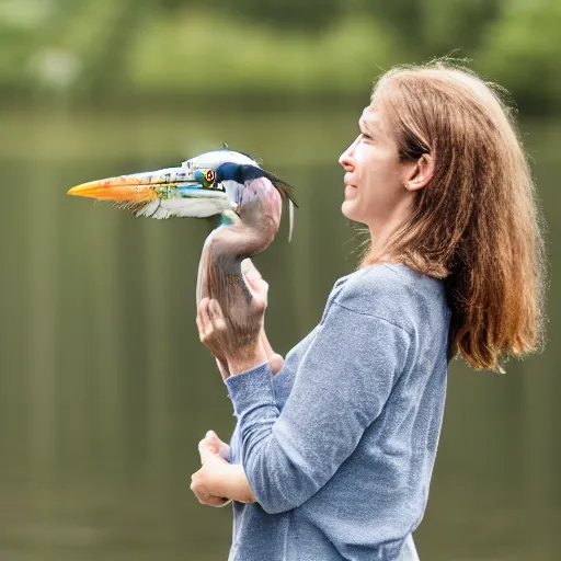 Image similar to woman holding a great blue heron