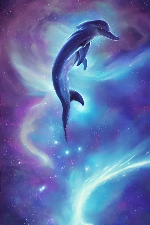 Image similar to Ethereal blue fire dolphin flying through a nebula, Sirius star system, star dust, cosmic, magical, shiny, glow,cosmos, galaxies, stars, outer space, stunning, by andreas rocha and john howe, and Martin Johnson Heade, featured on artstation, featured on behance, golden ratio, ultrawide angle, hyper detailed, photorealistic, epic composition, wide angle, f32, well composed, UE5, 8k