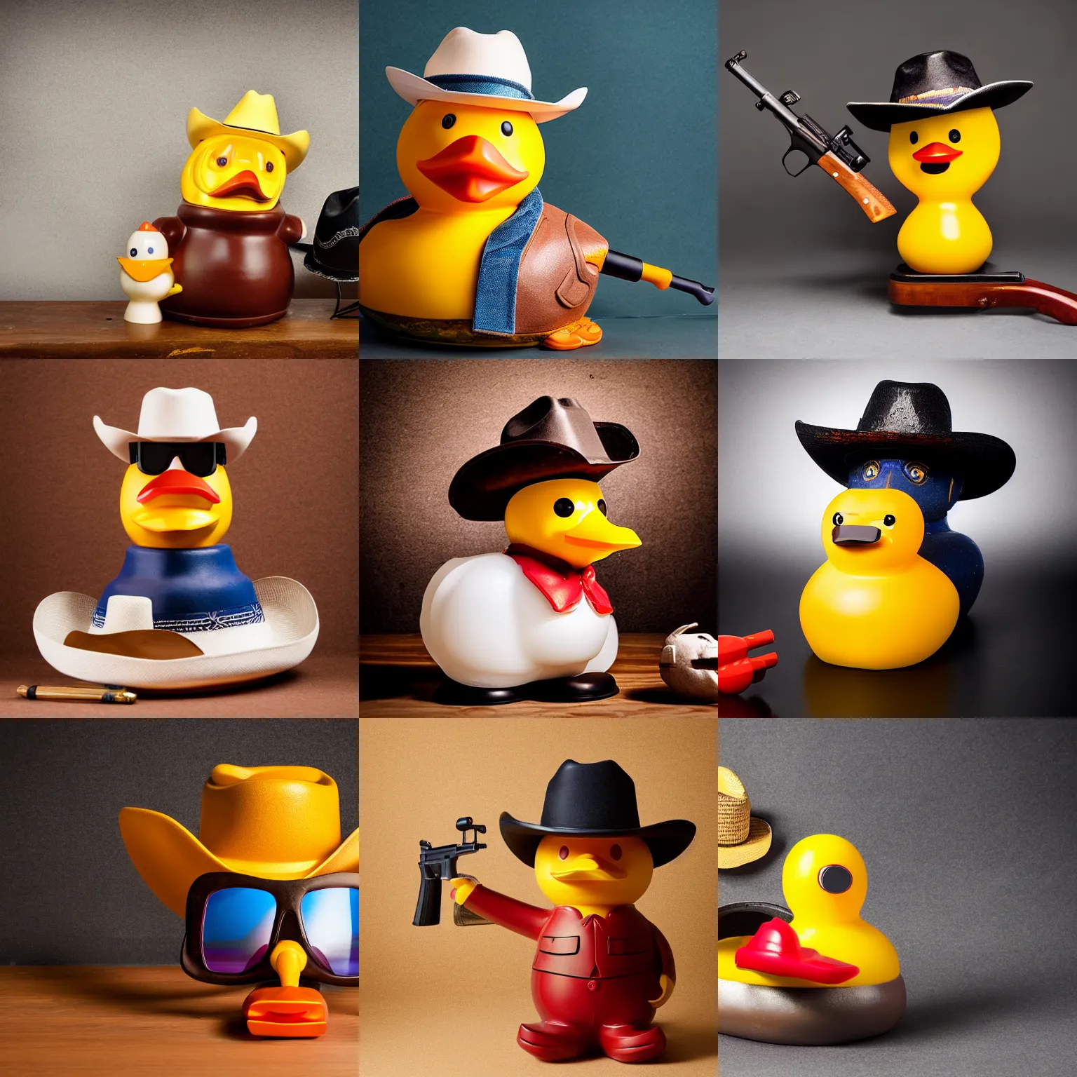 Prompt: a studio photography of a cowboy rubber duck with a shotgun, a cowboy hat and sunglasses