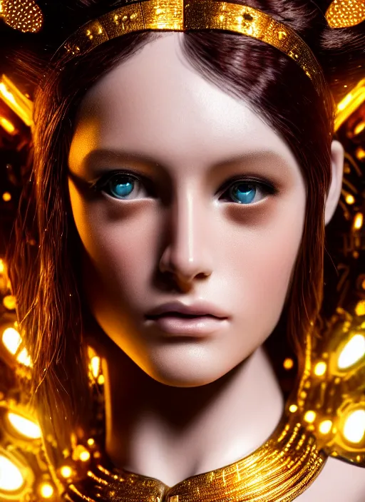 Image similar to a stunning young female cyborg made of gold, gemstones, diamonds, by pre - raphaelite brotherhood, unreal engine, glamor shot, nikon d 7 5 0, closeup, f / 2. 8, low contrast, 1 6 k, rim lighting, optical fiber, cinematic lighting, insanely detailed and intricate, hypermaximalist, elegant, ornate, hyper realistic,