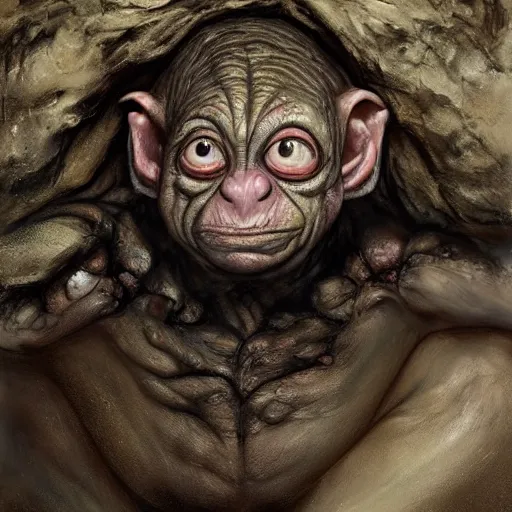 Prompt: hyperrealistic mixed media high resolution painting of Danny DeVito disguised as Gollum skulking in a dark cave, stunning 3d render inspired art by Jamie Salmon and István Sándorfi and Unreal Engine and Greg Rutkowski, perfect facial symmetry, dim volumetric lighting, 8k octane beautifully detailed render, full body shot, post-processing, extremely hyper-detailed, intricate, epic composition, highly detailed attributes, highly detailed atmosphere, cinematic lighting, masterpiece, trending on artstation, very very detailed, masterpiece, stunning, flawless completion, lifelike texture, perfection,