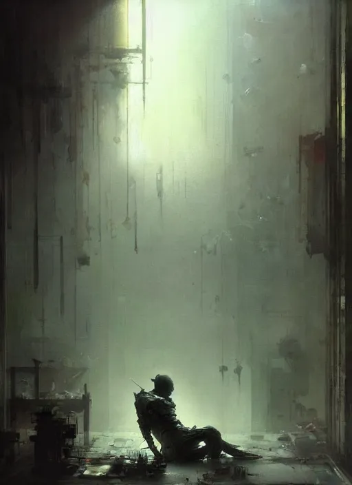 Prompt: a cyborg sitting on the floor, inside an old apartment, dystopian aesthetics, detailed oil painting, misty, ethereal, dramatic lighting, ominous, by craig mullins and ruan jia and jeremy mann