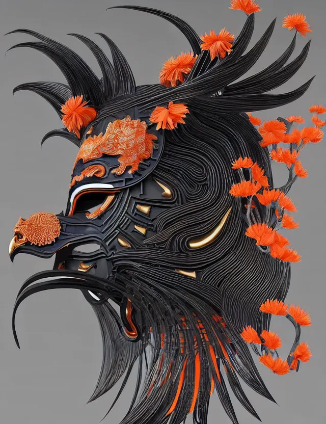 Image similar to 3 d goddess close - up profile portrait biomechanics with ram skull. beautiful intricately detailed japanese crow kitsune mask and clasical japanese kimono. betta fish, jellyfish phoenix, bio luminescent, plasma, ice, water, wind, creature, artwork by tooth wu and wlop and beeple and greg rutkowski. gold and black and teal and orange color scheme