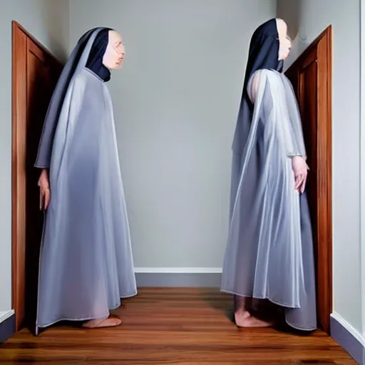 Image similar to award winning photo,two Hovering twin nuns, in a bedroom hovering off the ground, wearing pointed hoods, buxom chested, blindfolded, wearing translucent veils, see through dress, Very long arms, bedroom, wood door, eerie, frightening, highly detailed, photorealistic, colorized —width 1024 —height 1024