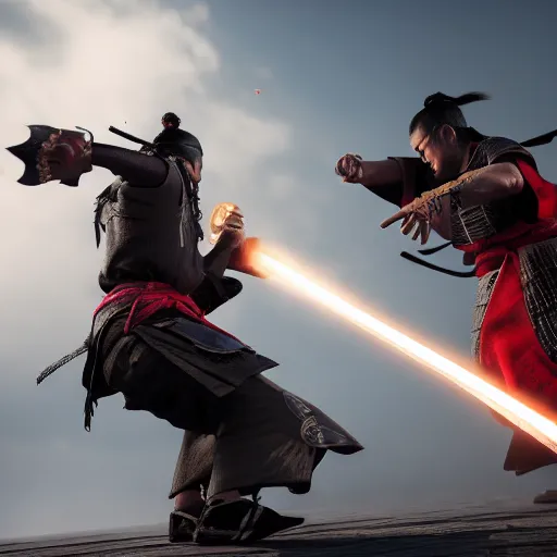 Image similar to photo of an action fight scene between a samurai and a ninja, unreal engine, hyper realistic, high detail, cinematic, magic, japan, temples, beautiful lighting, smoke, fire, lightning,