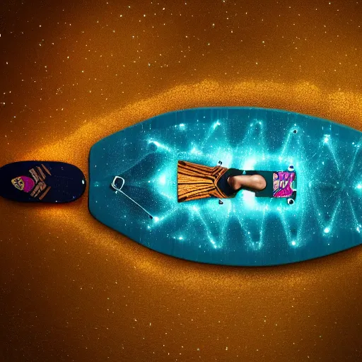 Image similar to bikini girl bioluminescent bacteria in water paddleboarding at night by highway man painting, stars, galaxies, photorealistic, high resolution, vray, hdr, hyper detailed, insane details, intricate, elite, ornate, elegant, luxury, dramatic lighting, octane render, weta digital, micro details, 3 d sculpture