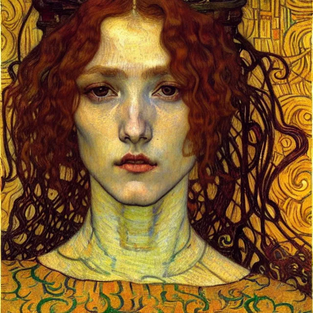 Image similar to detailed realistic beautiful young medieval queen face portrait by jean delville, gustav klimt and vincent van gogh, art nouveau, symbolist, visionary, gothic, pre - raphaelite, muted earthy colors, desaturated