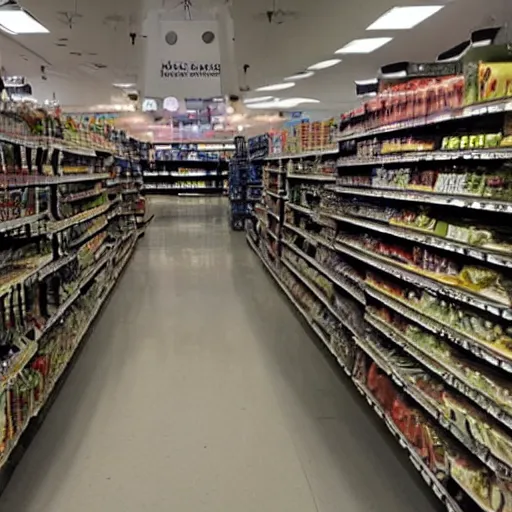 Prompt: a liminal grocery store with a 8 ft dark ominous figure standing between the aisle, liminal, highly detailed