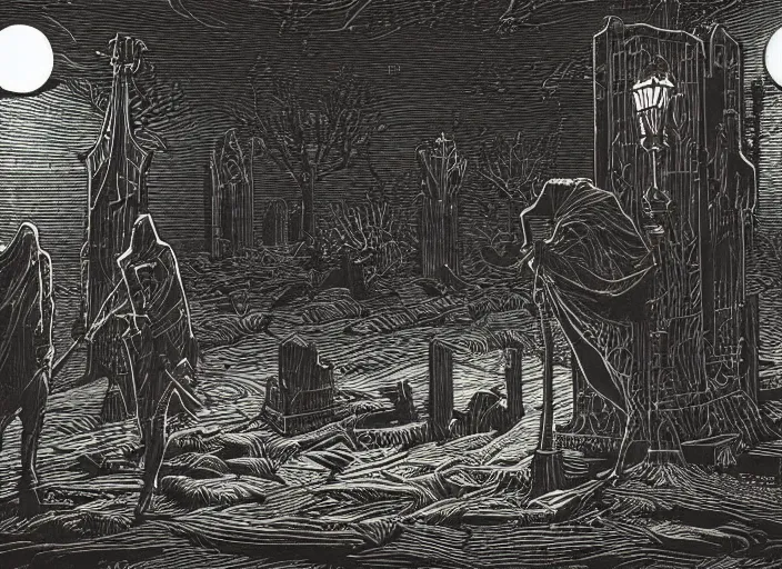 Prompt: two tone woodcut print, ghost in graveyard at midnight by greg rutkowski, fine details, highly detailed