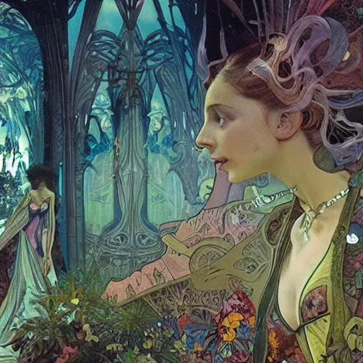 Prompt: a beautiful matte painting of lost in wonderland, a grand scale dystopic event by giger and lisa frank and alphonse mucha