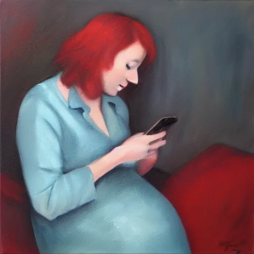 Prompt: red head woman, on her iPhone, trying to figure out how to use discord. Oil painting.