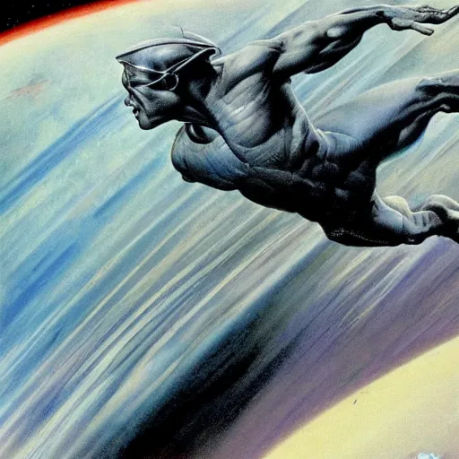Image similar to Silver Surfer flying in his silver surfboard in space, by Frank Frazetta