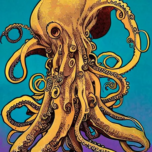 Image similar to tentacles beast octopus abysmal creature art by ashley wood, alphonse mucha, makoto shinkai, geof darrow,