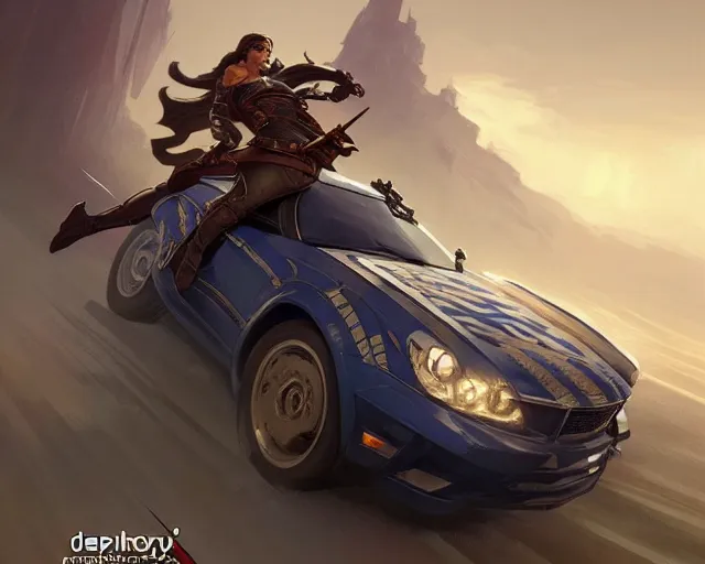 Prompt: car chase with the police going over a huge jump, deep focus, d & d, fantasy, intricate, elegant, highly detailed, digital painting, artstation, concept art, matte, sharp focus, illustration, hearthstone, art by artgerm and greg rutkowski and alphonse mucha