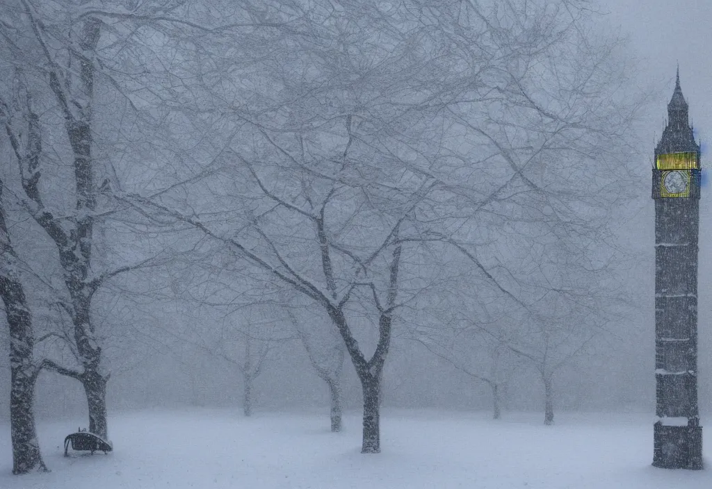 Image similar to big ben covered in snow in a snowy forest in the style of claude monet, digital art.