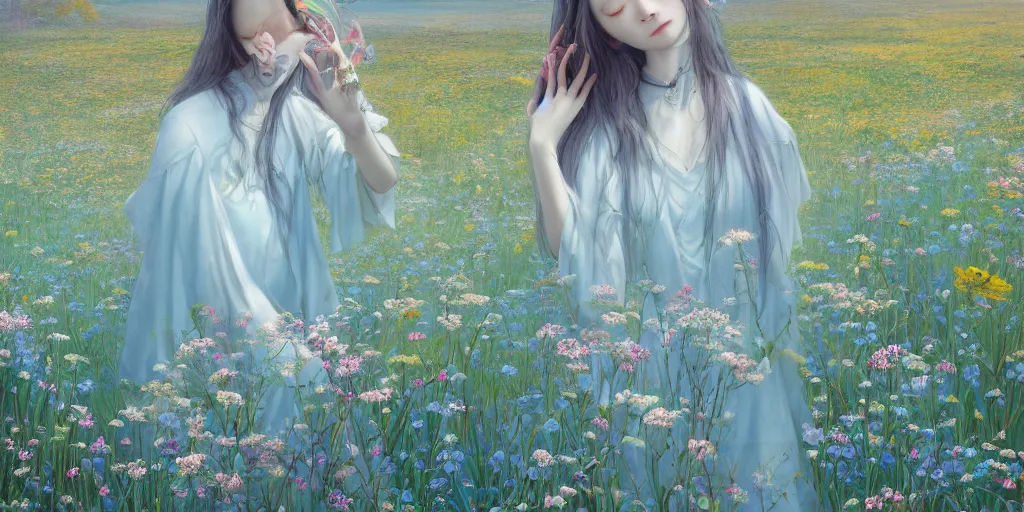 Prompt: breathtaking detailed concept art painting of walking in meadow goddess of light blue flowers, orthodox saint, with anxious, piercing eyes, ornate background, amalgamation of leaves and flowers, by Hsiao-Ron Cheng, James jean, Miho Hirano, Hayao Miyazaki, extremely moody lighting, 8K