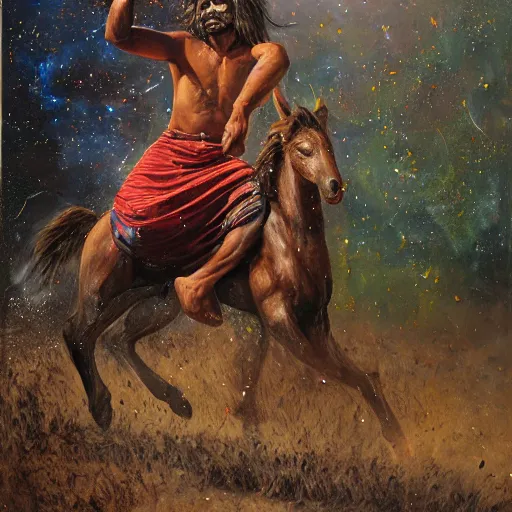 Image similar to portrait of head and body, single bangla farmer fighting, hand to hand combat with machete, full body view, long flowing hair, fighting for his life, nebula aura surrounding subject, horseback combat attacker foreground, islamic revolution, mongolian invasion of iraq, background of invading army, nestor canavarro hyperrealist art style, sharp brushstrokes