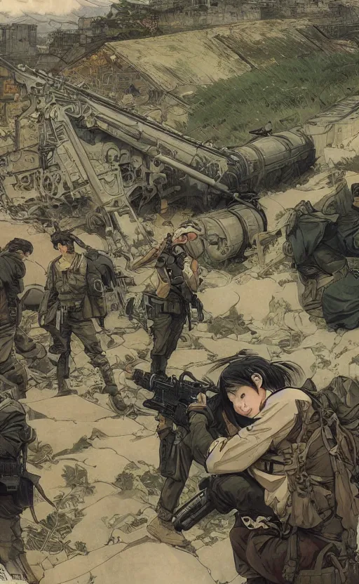 Prompt: manga style, modern warfare, panoramic view of a girl under artillery fire, trench sandbags in background, soldier clothing, long hair, hair down, symmetrical facial features, from shonen jump, wallpaper, trending pixiv, black ink, volumetric lighting, by alphonse mucha, greg rutkowski, cushart kenz, sharp focus, backlit