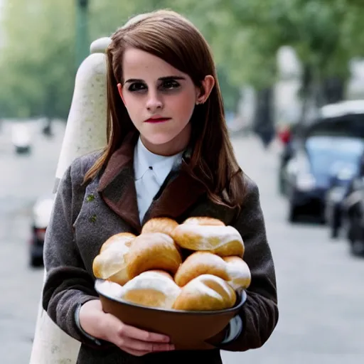 Image similar to photo of teenage emma watson as schoolgirl, holding string bag with bagels, street of moscow, shallow depth of field, cinematic, 8 0 mm, f 1. 8
