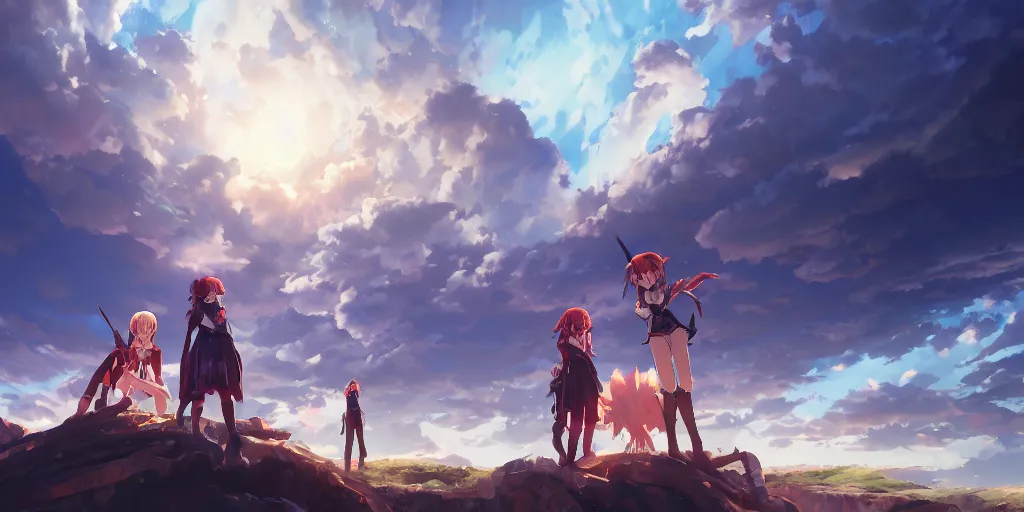 Prompt: isekai masterpiece by mandy jurgens, irina french, rachel walpole, ross tran, illya kuvshinov, and alyn spiller of an anime woman standing tree log looking up at giant crystals, high noon, cinematic, very warm colors, intense shadows, ominous clouds, anime illustration, anime screenshot composite background