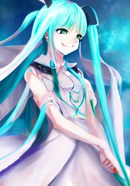 Image similar to A fantasy anime portrait of Hatsune Miku, by Yoneyama Mai and Rossdraws, digtial painting, trending on ArtStation, deviantart, two-dimensional